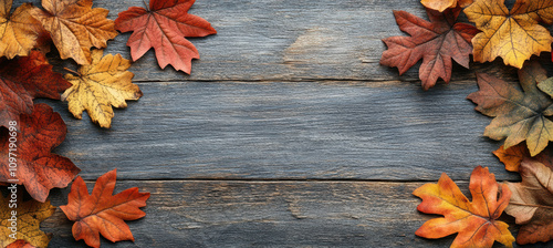 Autumn foliage border on blue wood