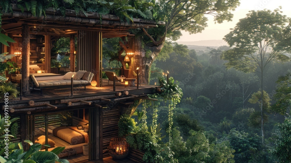 Luxurious treetop house with stunning jungle views. Luxurious treetop house with stunning jungle views.
