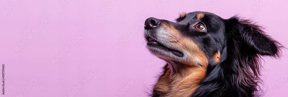 Adorable Dog Looking Up Against a Soft Purple Background, Perfect for Pet-Themed Designs, Animal Welfare Promotions, and Joyful Decor Ideas Adorable Dog Looking Up Against a Soft Purple Background, Perfect for Pet-Themed Designs, Animal Welfare Promotions, and Joyful Decor Ideas