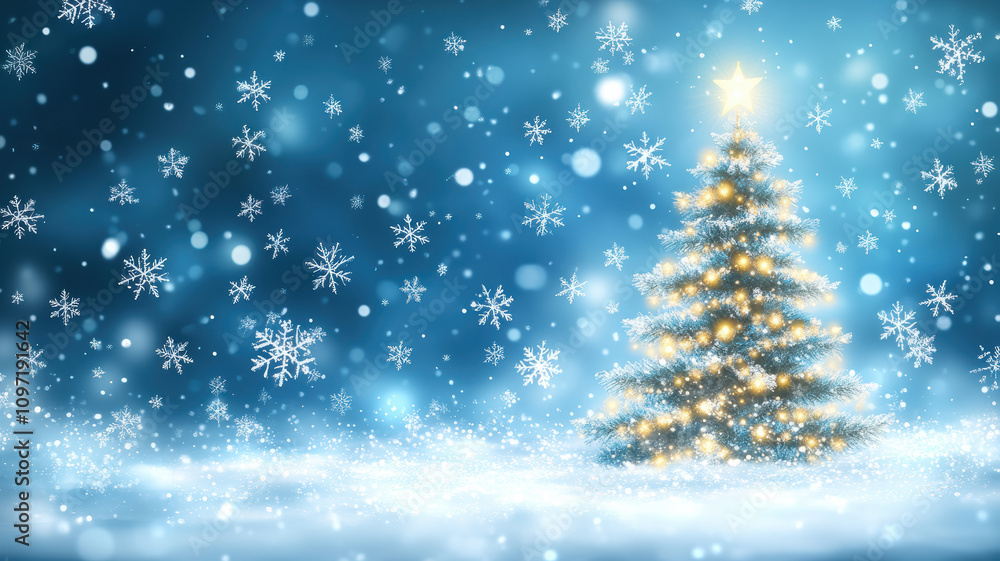 Illuminated Christmas tree with snowflake background Illuminated Christmas tree with snowflake background