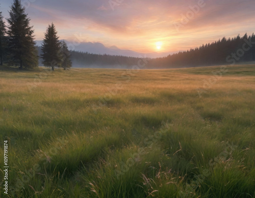 Serene Misty Grass Field Bathed in Warm Sunrise Glow