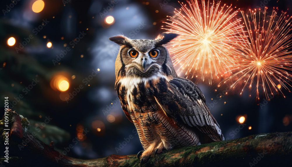 Owl Perched on a Tree, Startled Owl Perched on a Tree, Startled
