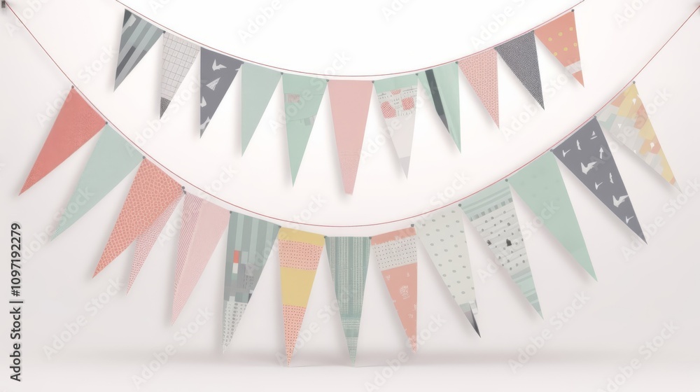 Fototapeta premium A vibrant and eye-catching bunting banner adorns a wall, bringing a celebratory and cheerful atmosphere to the space. Generative AI