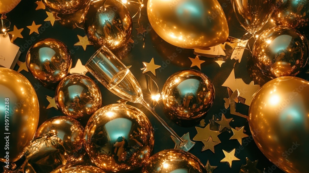 A festive arrangement of golden balloons, stars, and a champagne glass for celebration. A festive arrangement of golden balloons, stars, and a champagne glass for celebration.