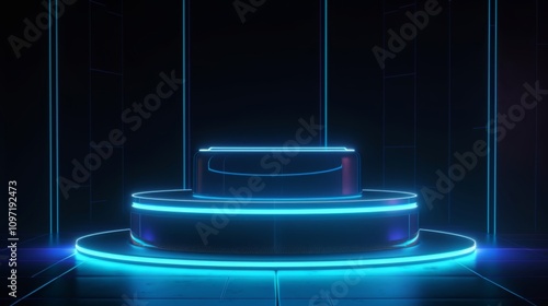 A futuristic podium is illuminated by neon lights in a black and white setting. A Monochrome ?reation. Generative AI photo