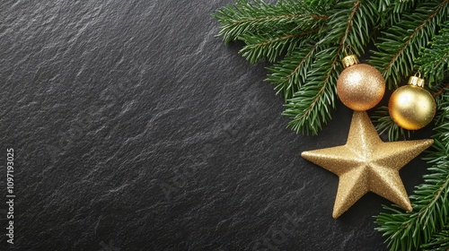 Starry christmas background with pine branches and gold stars flat lay