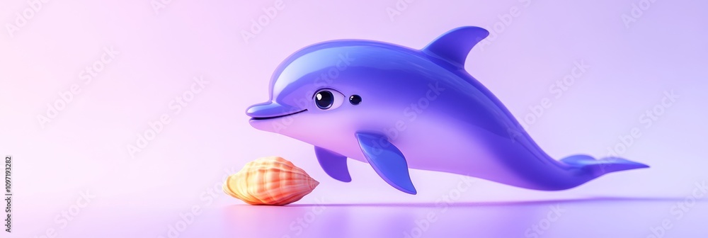 A playful cartoon dolphin beside a shell on a gradient background. A playful cartoon dolphin beside a shell on a gradient background.