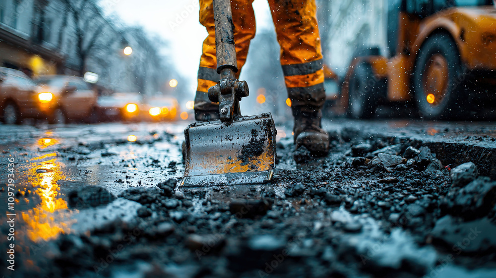 A worker operating a jackhammer on a busy city street, demonstrating construction work and road maintenance, with debris flying and safety equipment visible. A worker operating a jackhammer on a busy city street, demonstrating construction work and road maintenance, with debris flying and safety equipment visible.