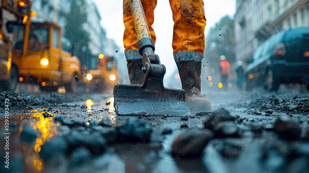 A worker operating a jackhammer on a busy city street, demonstrating construction work and road maintenance, with debris flying and safety equipment visible. A worker operating a jackhammer on a busy city street, demonstrating construction work and road maintenance, with debris flying and safety equipment visible.