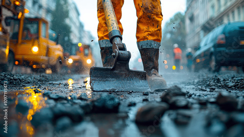 A worker operating a jackhammer on a busy city street, demonstrating construction work and road maintenance, with debris flying and safety equipment visible.