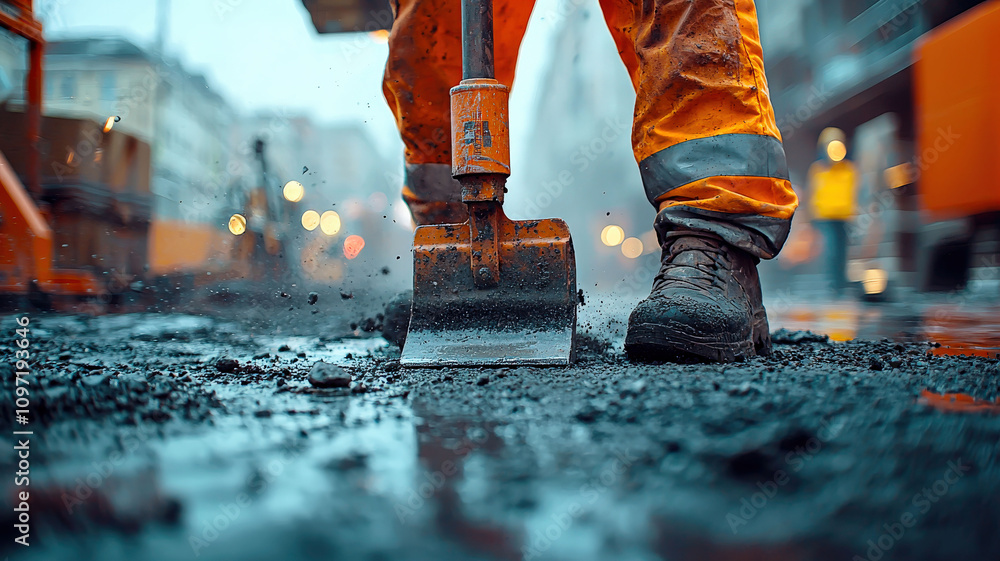 A worker operating a jackhammer on a busy city street, demonstrating construction work and road maintenance, with debris flying and safety equipment visible. A worker operating a jackhammer on a busy city street, demonstrating construction work and road maintenance, with debris flying and safety equipment visible.