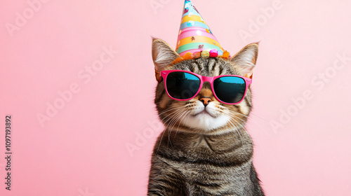 Cute tabby cat in pink sunglasses and a colorful party hat, having a birthday celebration on a pink backdrop