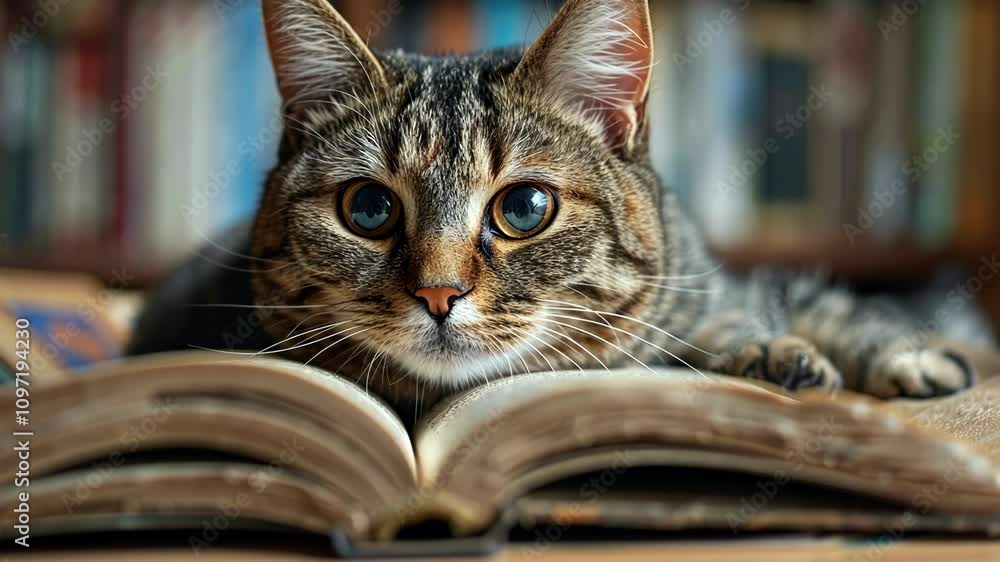 A tabby cat peers curiously over an open book. A tabby cat peers curiously over an open book.