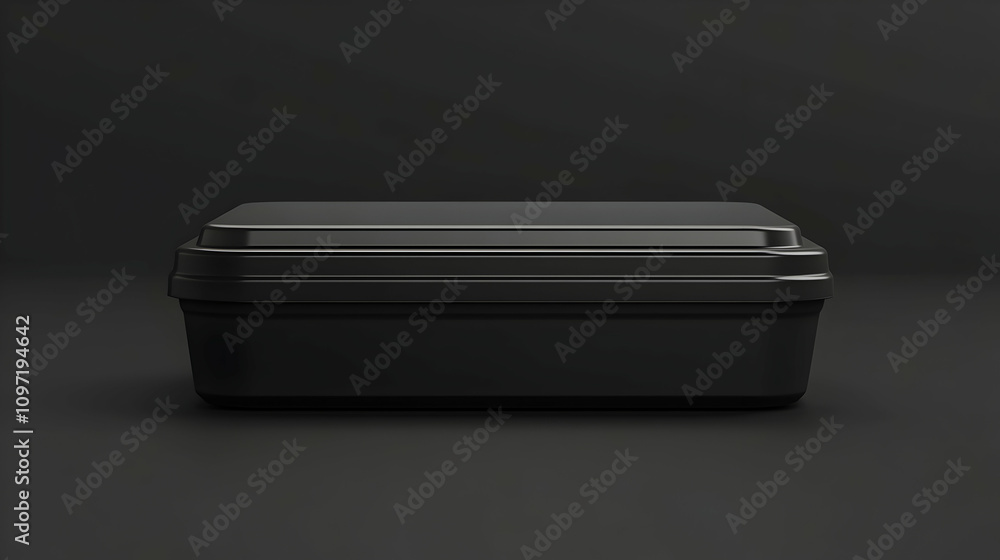A black rectangular container with a slightly raised lid, isolated on a dark background. A black rectangular container with a slightly raised lid, isolated on a dark background.
