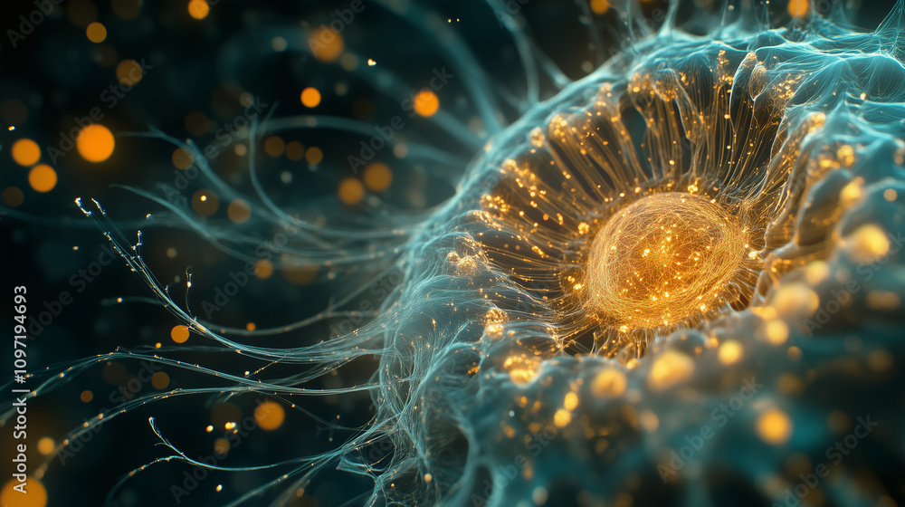 Close-up of an abstract glowing cell with intricate details. Close-up of an abstract glowing cell with intricate details.