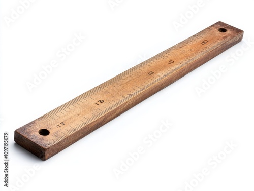 Wooden ruler with textured surface, isolated on white background photo