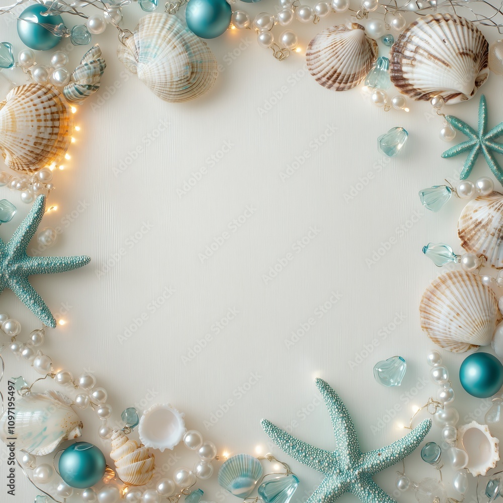 coastal christmas beach frame with turquoise and white seashells, pearls and ornaments on white background, nautical holiday border with starfish and shells coastal christmas beach frame with turquoise and white seashells, pearls and ornaments on white background, nautical holiday border with starfish and shells