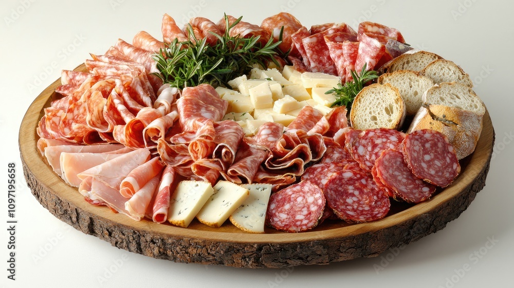 Delicious Charcuterie Board with Assorted Meats, Cheeses, and Bread on Rustic Wooden Platter Delicious Charcuterie Board with Assorted Meats, Cheeses, and Bread on Rustic Wooden Platter