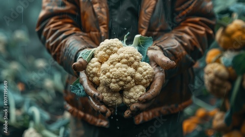 Farmer's hands holding fresh cauliflower in the rain.