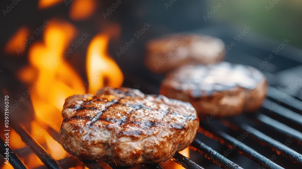 Three hamburgers are on a grill, with one of them being cooked on a grill Three hamburgers are on a grill, with one of them being cooked on a grill