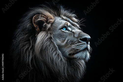 Striking Portrait of a White Lion with Blue Eyes on a Black Background, Capturing Majesty, Strength, and Elegance in Monochrome Wildlife Photography