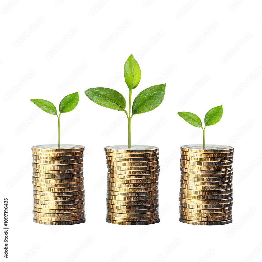Growth concept with coins and plant sprouts symbolizing investment and financial success. Growth concept with coins and plant sprouts symbolizing investment and financial success.