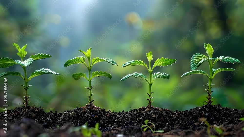Four young green plants growing in soil, surrounded by a blurred green background, indicating a natural environment. Four young green plants growing in soil, surrounded by a blurred green background, indicating a natural environment.
