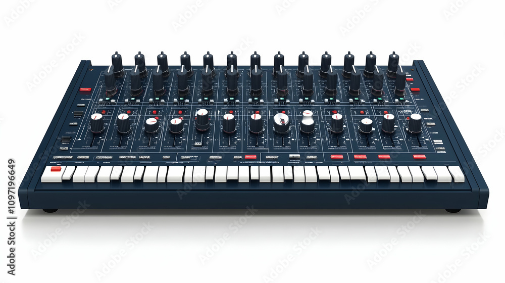 A dark blue synthesizer with numerous knobs, buttons, and a keyboard, isolated on a white background. A dark blue synthesizer with numerous knobs, buttons, and a keyboard, isolated on a white background.
