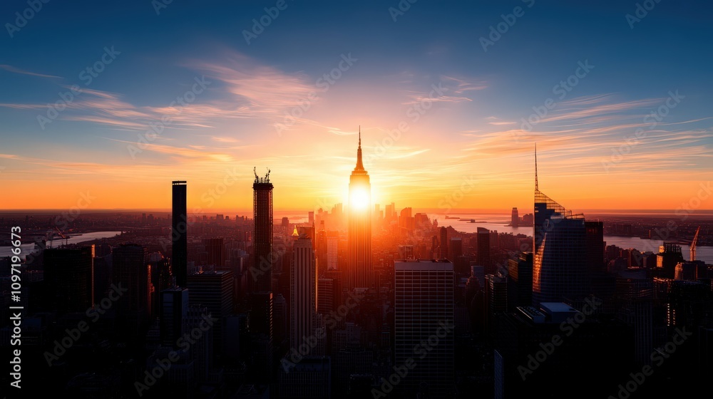 Naklejka premium The sun is setting over the city of New York