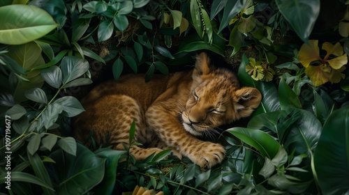 Tranquil scene of a sleeping lion cub in lush green jungle for nature and wildlife designs photo