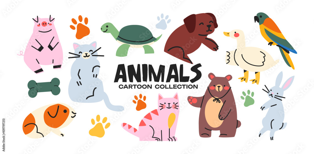 Fototapeta premium Cute pets in groovy style 90s. Cartoon funny puppies characters in retro style. Animals wild veterinarian zoo stickers