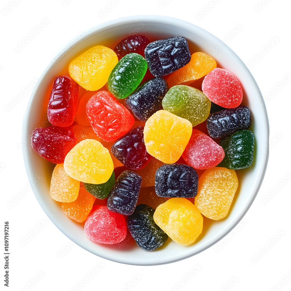 A bowl filled with colorful gummy candies in various shapes and sizes. A bowl filled with colorful gummy candies in various shapes and sizes.
