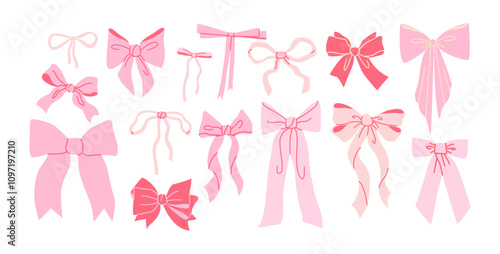 Cartoon ribbon bows accessories.Pink vintage girly pink bows for hair decoration.Cute trendy stickers set in coquette style