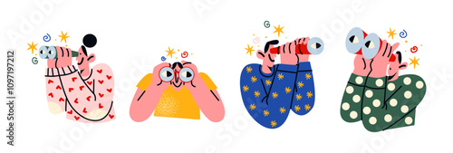 People characters with binoculars in hands. Cartoon mascots watch, observe, search for information and work. Tourist, reconnaissance with binoculars. Vector illustrations
