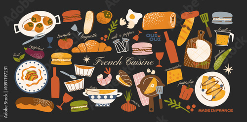 French food stickers. Fresh products and ingredients in cartoon trendy style, traditional french cuisine. Shapes for kitchens, cafes and restaurants. Doodle elements: Onion soup, ratatouille, oysters