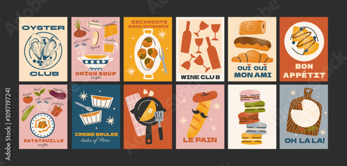 French food posters for the kitchen. Culinary compositions in cartoon trendy style, traditional french cuisine. Decor for kitchens, cafes and restaurants. Minimalist banners for wall decor, wallpaper.