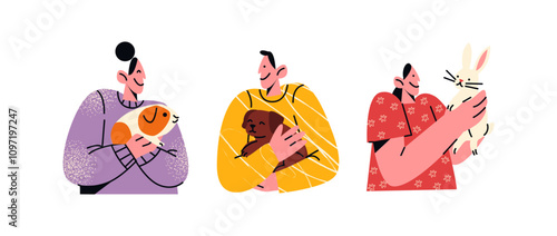 People  holding their pets. Owners of pets: dog, guinea pig, rabbit, hare. Concepts of veterinary pet shop and love for animals
