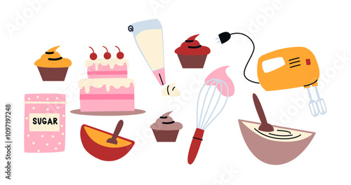 Confectionery equipment for baking pastry, desserts and sweets. Cartoon equipment: mixer, whisk, pastry bag, cakes, muffins and confectionery. Pie recipe. Stickers for culinary blogs, books, printing.