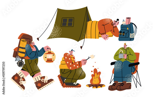 People travelers with a backpack, tent, sleeping bag. Cartoon characters tourists with luggage roast marshmallows on a fire. Mascots of hiking and active sports in the forest
