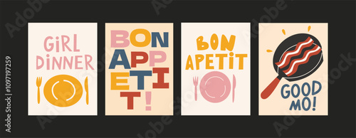 Abstract food posters for the kitchen. Culinary compositions in cartoon trendy style of Matisse. Decor for kitchens, cafes and restaurants. Minimalist banners for wall decor, prints, wallpaper.
