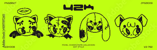 Retro cartoon pixel character in Y2K style. Cyber animals with stars for 90s design. Collection mscots of vector funky futuristic pets	