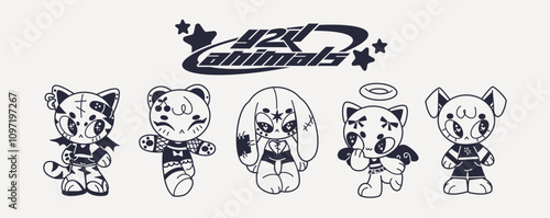 Retro cartoon character in Y2K style. Cyber animals with stars for 90s design. Collection mscots of vector funky futuristic pets	