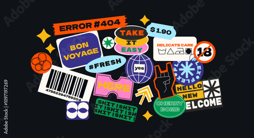 Futuristic y2k patches, labels, tags, stickers, bracelet stamps in retro style. Cartoon stickers in funky hipster groovy grunge 90s style. Vector set, trendy promo labels