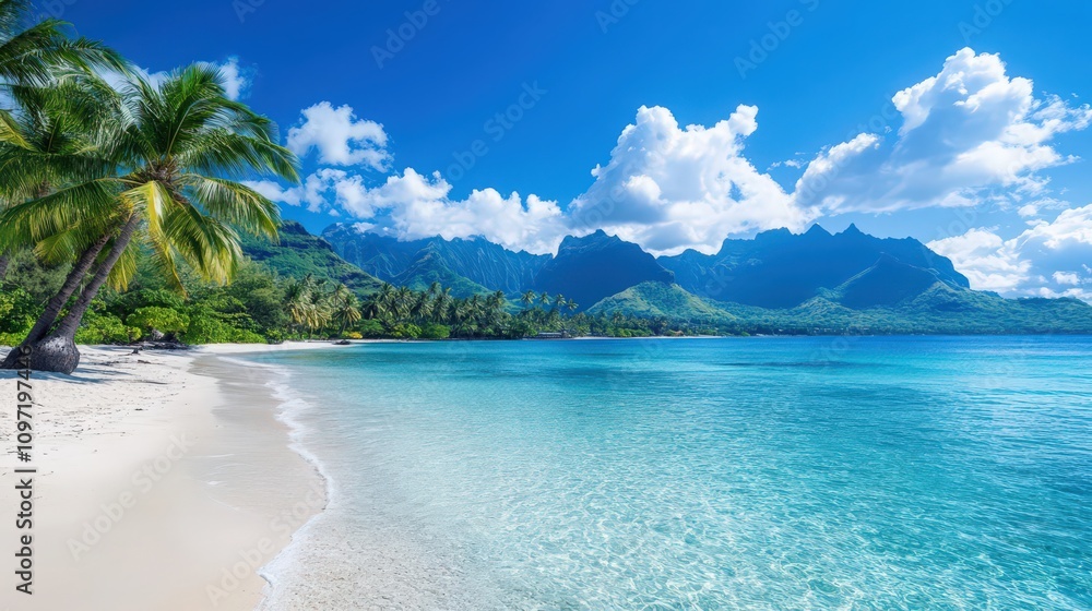 A beautiful beach with a palm tree and a clear blue ocean A beautiful beach with a palm tree and a clear blue ocean