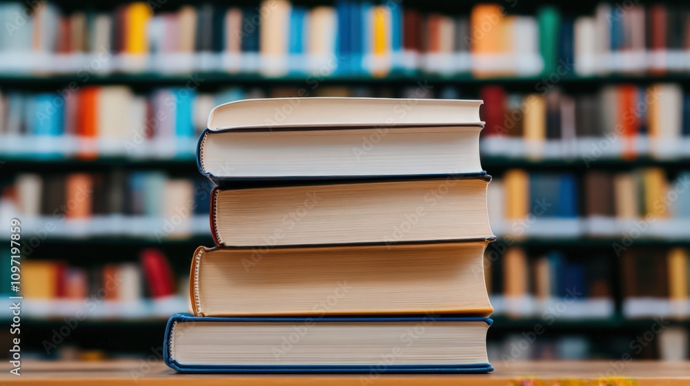 A stack of books on a table in front of a library A stack of books on a table in front of a library