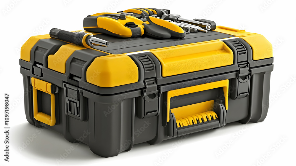Fototapeta premium A hard plastic toolbox with yellow accents containing various hand tools, including screwdrivers and drills, isolated on a white background.