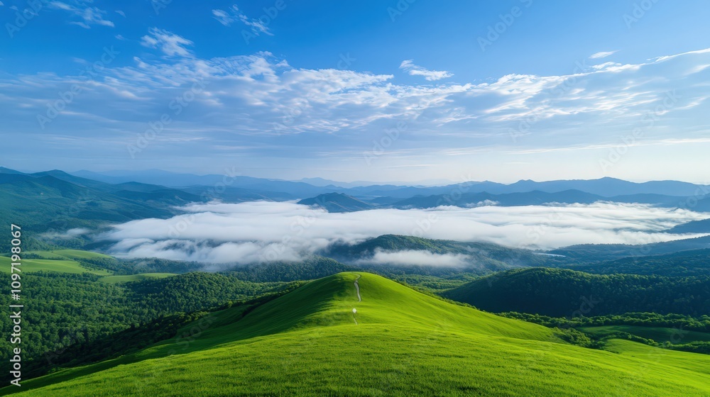 Fototapeta premium A mountain range with a cloudy sky and a foggy hill