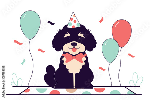 Happy smiling dog character celebrating birthday. Vector flat illustration