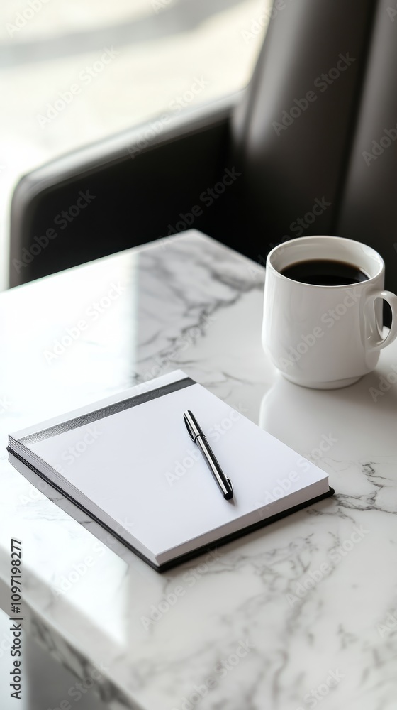 A corporate office desk featuring a sleek white marble surface adorned with a neatly arranged notebook and pen accompanied by a coffee mug evoking a sense of focus and sophistication A corporate office desk featuring a sleek white marble surface adorned with a neatly arranged notebook and pen accompanied by a coffee mug evoking a sense of focus and sophistication