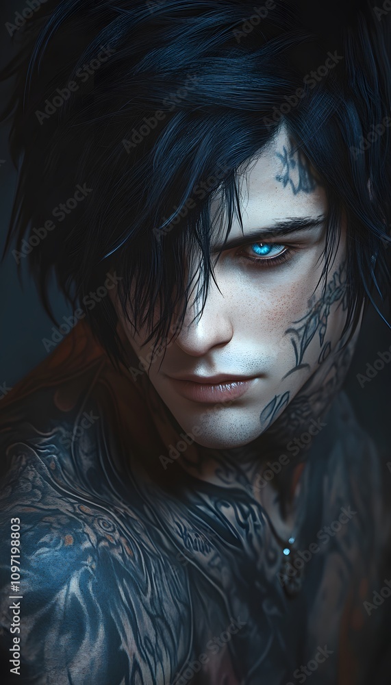 Black-haired tattooed thief with blue eyes steals through the night Black-haired tattooed thief with blue eyes steals through the night